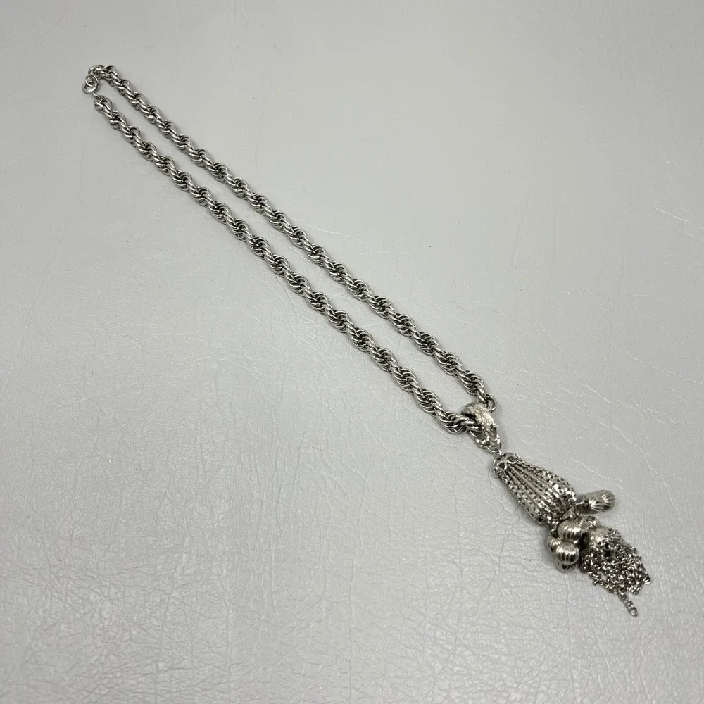 Boho Necklace Silver Tone Rope Chain with Dangle Tassel‎ Pendant